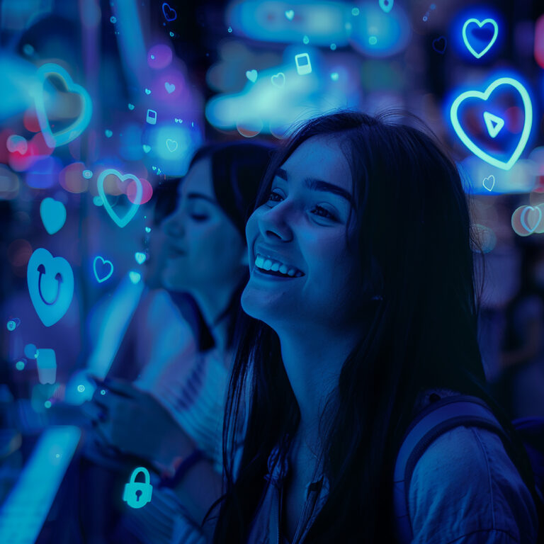 woman-smiles-front-neon-sign-that-says-heart